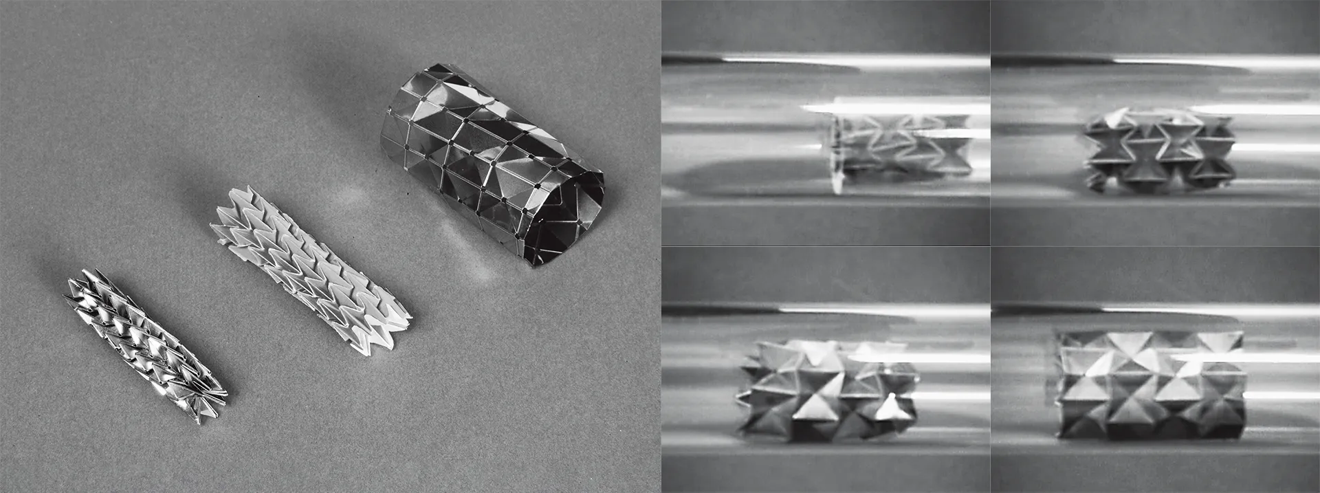 ステンレススチールによる折り紙ステントグラフト試作（左）　形状記憶合金ステントグラフトの自己展開の様子（右）